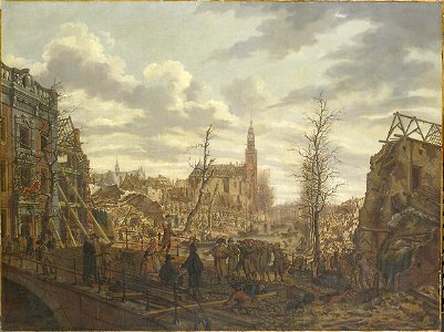 Johannes Jelgerhuis - Het Rapenburg te Leiden drie dagen na de ontploffing van het kruitschip op 12 januari 1807