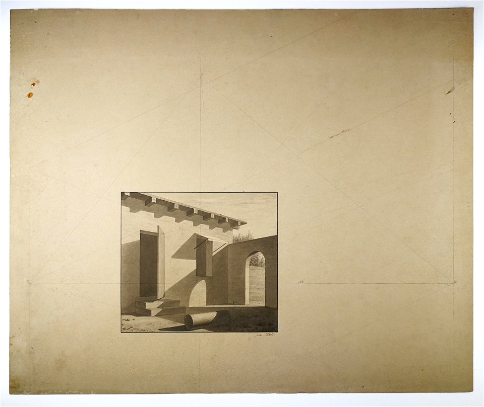 Johannes Taklo - Perspektiv- og skyggeøvelse. Arkitekturtegning af en gård, husvæg med åben dør og vindue - 1878