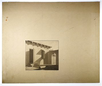 Johannes Taklo - Perspektiv- og skyggeøvelse. Arkitekturtegning af en gård, husvæg med åben dør og vindue - 1878