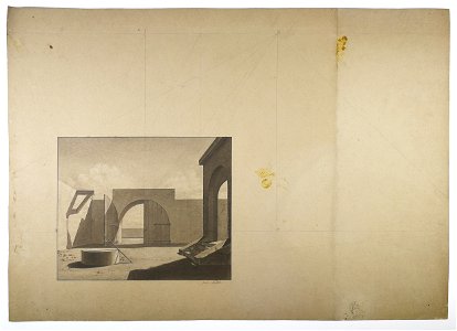 Johannes Taklo - Perspektiv- og skyggeøvelse. Arkitekturtegning af en port og en gård - 1878