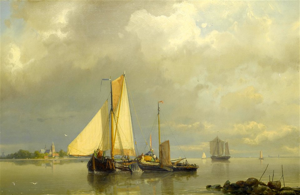 Johannes Hermanus Barend Koekkoek - Dutch barges becalmed in the estuary and transferring cargo (1860)