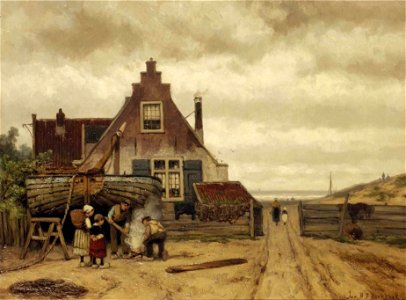Johannes Hermanus Barend Koekkoek - Children watching two fishermen at work by a house