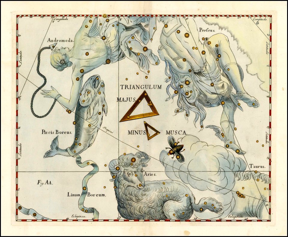 Johannes Hevelius - Triangulum Majus, Triangulum Minus & Musca (also shows Aries, Andromeda, Piscis Boreus and Perseus)
