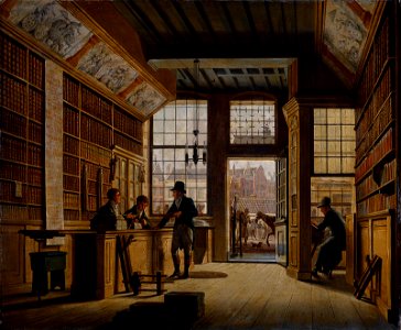 Johannes Jelgerhuis - De winkel van boekhandelaar Pieter Meijer Warnars op de Vijgendam te Amsterdam