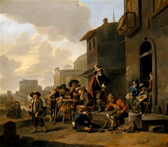 Johannes Lingelbach (Frankfurt 1622-Amsterdam 1674) - Figures before a Locanda, with a View of the Piazza del Popolo, Rome - RCIN 404534 - Royal Collection