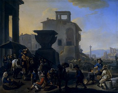 Johannes Lingelbach - Italiaans marktplein met een kiezentrekker