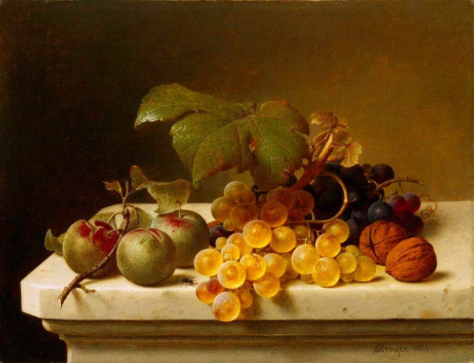 Johann Wilhelm Preyer - Stillleben mit Pflaumen, Trauben und Nüssen