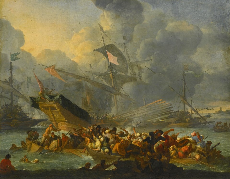 Johannes Lingelbach - Battle of Lepanto, 1571, with a crowded rowing boat and men struggling to shore in the foreground