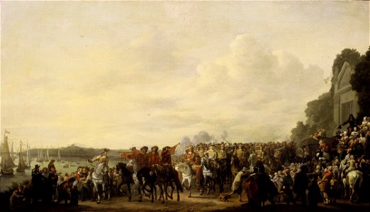 Johannes Lingelbach - Het halthouden van Karel II (1630-1685) bij de buitenplaats Wema aan de Rotte tijdens zijn tocht van Rotterdam naar Den Haag, 25 mei 1660 - 88 - Rijksmuseum