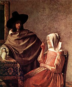 Johannes Vermeer - A Lady Drinking and a Gentleman (detail) - WGA24635. Free illustration for personal and commercial use.