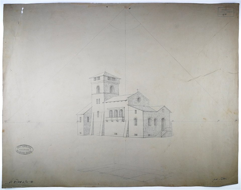 Johannes Taklo - Perspektivøvelse. Arkitekturtegning af et hus og grundplan - 1876