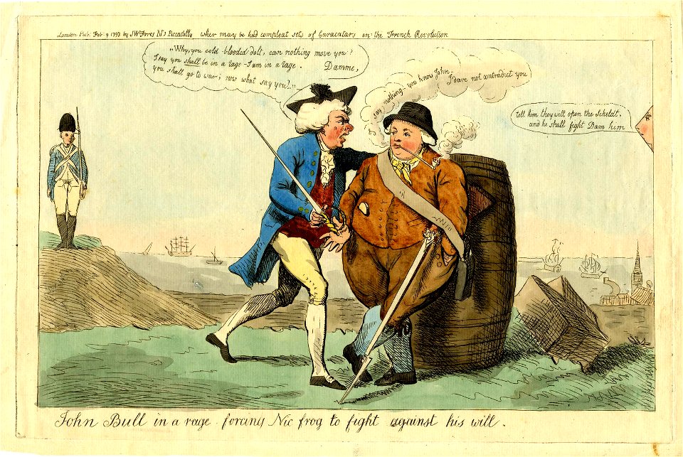 John Bull in a rage forcing Nic Frog to fight against his will. (BM 1917,1208.4098)