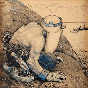 John Bauer - Troll på lur (Troll hiding behind cliffs). Free illustration for personal and commercial use.
