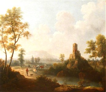 John Anderson (1835-1919) (possibly) - River Landscape with Ruined Tower and Herdsmen with Cattle - 1548179 - National Trust