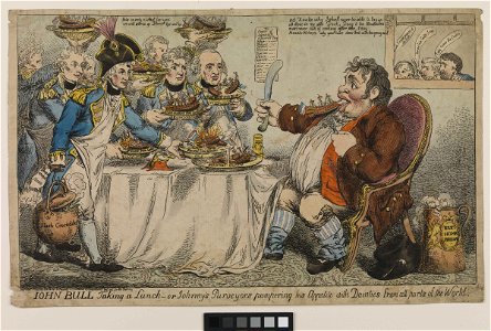John Bull Taking a Lunch - or Johnny's Purveyors pampering his appetite with Dainties from all parts of the World (caricature) RMG PW3940