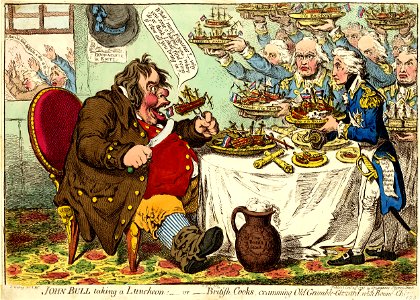 John Bull taking a luncheoun-or- British Cooks, cramming Old Grumble-Gizzard with Bonne-Chere. (BM 1851,0901.939)