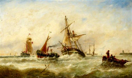 John Callow (1822-1878) - A Damaged Brig Being Towed into Harbour - BHC1240 - Royal Museums Greenwich