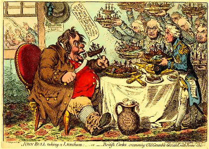 John Bull taking a luncheon-or- British Cooks, cramming Olg Grumble-Gizzard, with Bonne-Chere. (BM J,3.57). Free illustration for personal and commercial use.