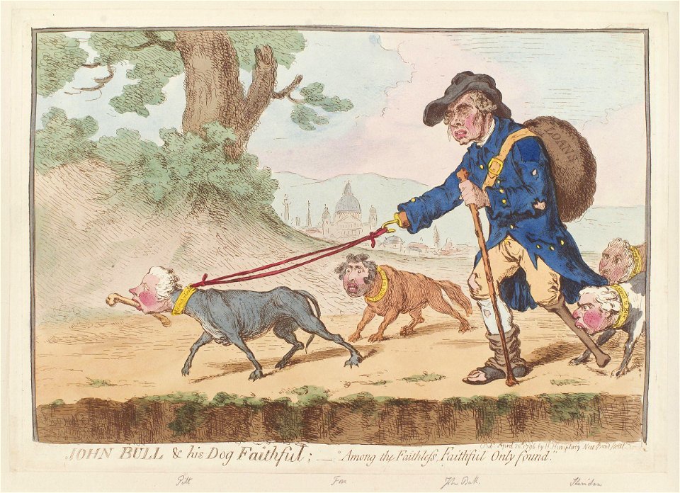 John Bull and his dog Faithful' (William Pitt; Charles James Fox; Richard Brinsley Sheridan; Charles Grey, 2nd Earl Grey) by James Gillray