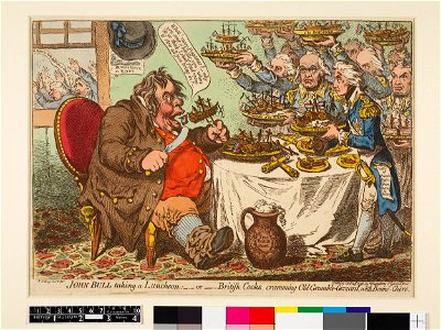 John Bull taking a luncheon- -or- British cooks, cramming old grumble-gizzard, with bonne-chére (BM 1868,0808.6778)