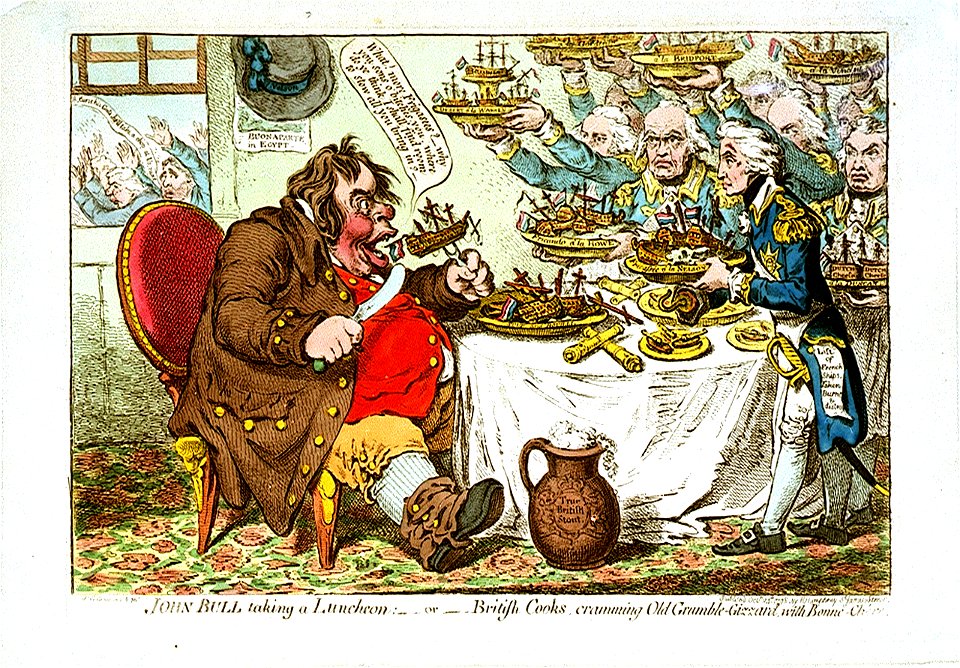 John Bull taking a Luncheon- - or - British Cooks, cramming Old Grumble-Gizzard, with Bonne-Chere (caricature) RMG PW3942