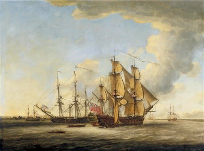 John Cleveley the Elder - Two British Men-o-War among ather ships in an estuary