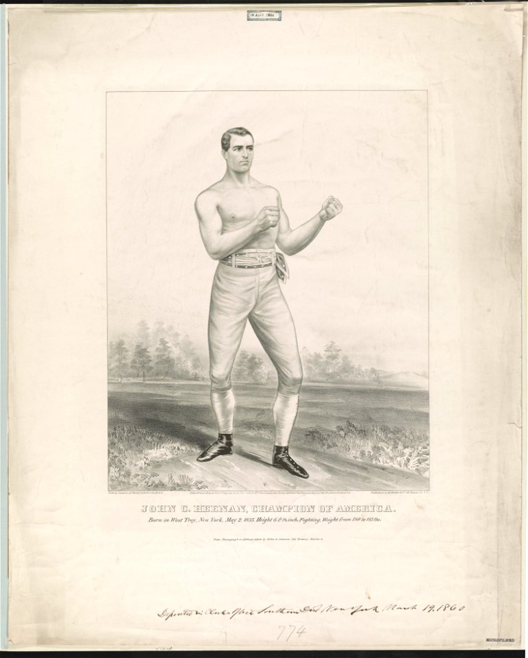 John C. Heenan, champion of America born in West Troy, New York, May 2, 1835, height 6 ft. 1 1-2 inch, fighting weight from 180 to 185 lbs - - from photograph in attitude taken by Gillis & LCCN2009631014