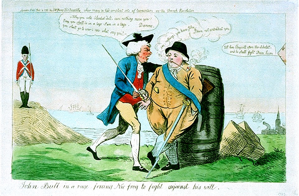 John Bull in a rage forcing Nic frog to fight against his will (caricature) RMG PW3944
