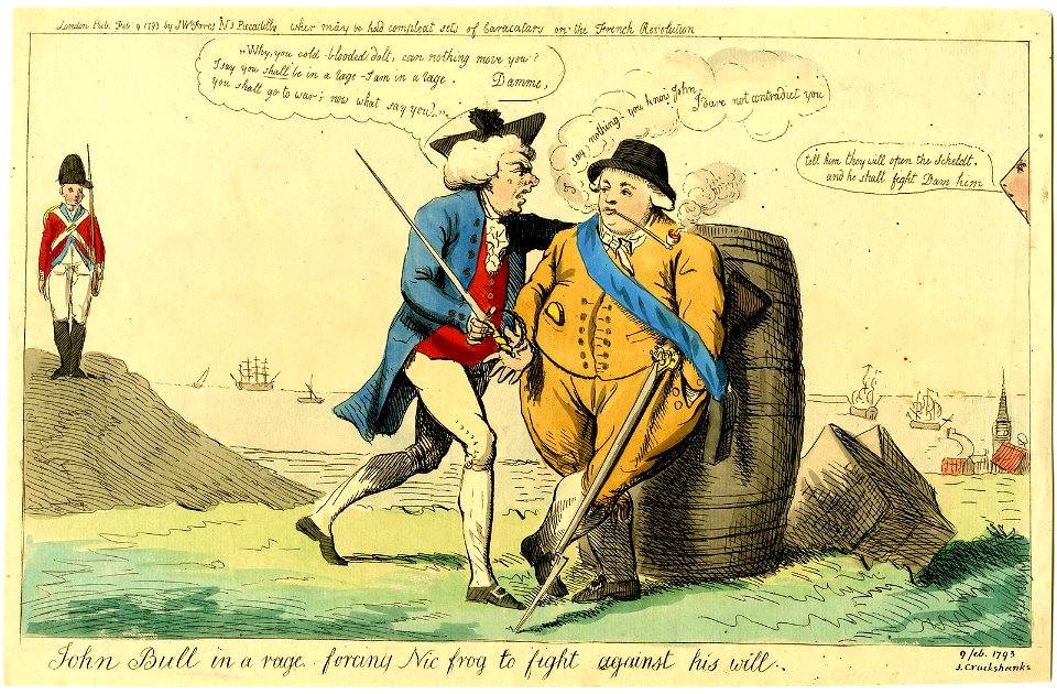 John Bull in a rage forcing Nic Frog to fight against his will. (BM 1868,0808.6275)