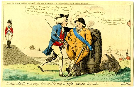 John Bull in a rage forcing Nic Frog to fight against his will. (BM 1868,0808.6275)