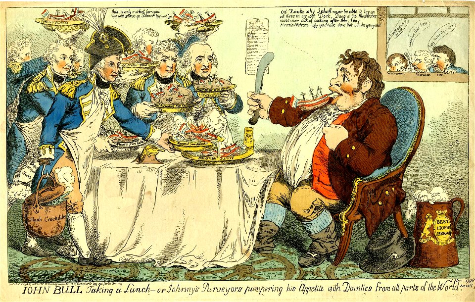John Bull taking a lunch- or Johnny's purveyors pampering his appetite with dainties from all parts of the world. (BM 1868,0808.6779)