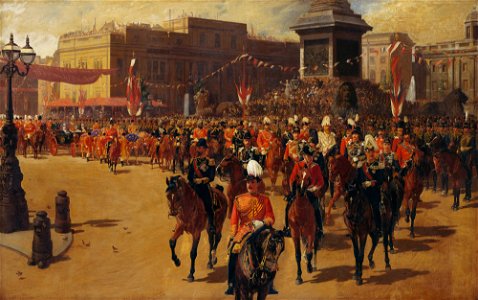 John Charlton (1849-1917) - Queen Victoria's Golden Jubilee, 21 June 1887, The Royal Procession Passing Trafalgar Square - RCIN 405285 - Royal Collection