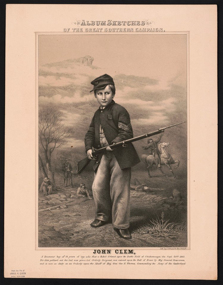 John Clem, a drummer boy of 12 years of age who shot a Rebel colonel upon the battle field of Chickamauga, Ga. Sept. 20th 1863 - lith. by P.S. Duval & Son Philada. LCCN2014648384