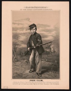 John Clem, a drummer boy of 12 years of age who shot a Rebel colonel upon the battle field of Chickamauga, Ga. Sept. 20th 1863 - lith. by P.S. Duval & Son Philada. LCCN2014648384