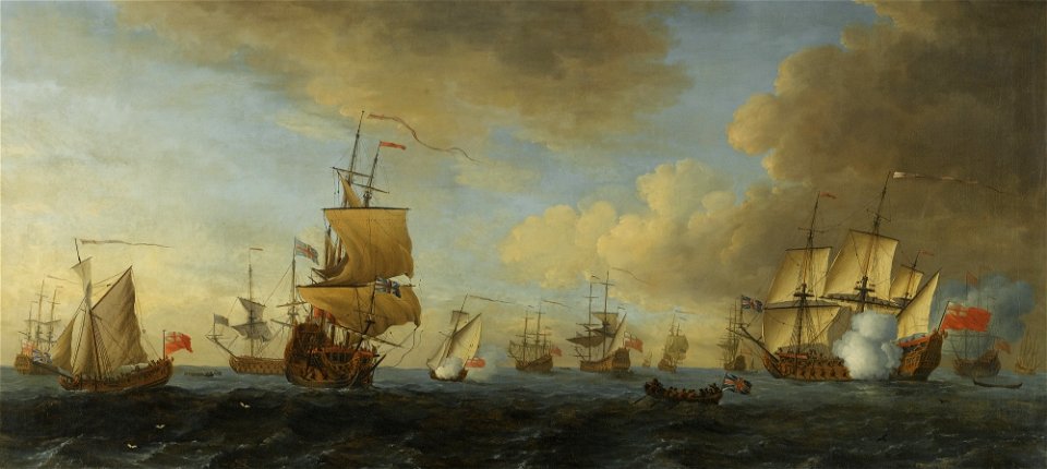 John Cleveley the Elder - An English frigate under sail firing a gun, with shipping at anchor and under sail
