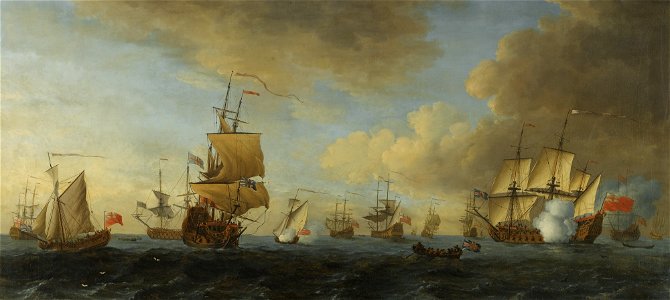 John Cleveley the Elder - An English frigate under sail firing a gun, with shipping at anchor and under sail