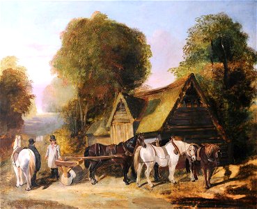 John Frederick Herring I (1795-1865) (after) - Figures and Carthorses outside a Thatched Barn - 1196051 - National Trust