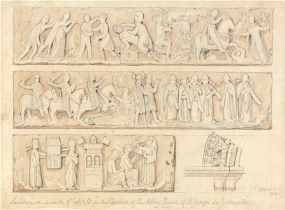 John Sell Cotman - Sculpture on a Suite of Capitals in the Cloisters of the Abbey Church of Saint Georges de Bochervill... - Google Art Project