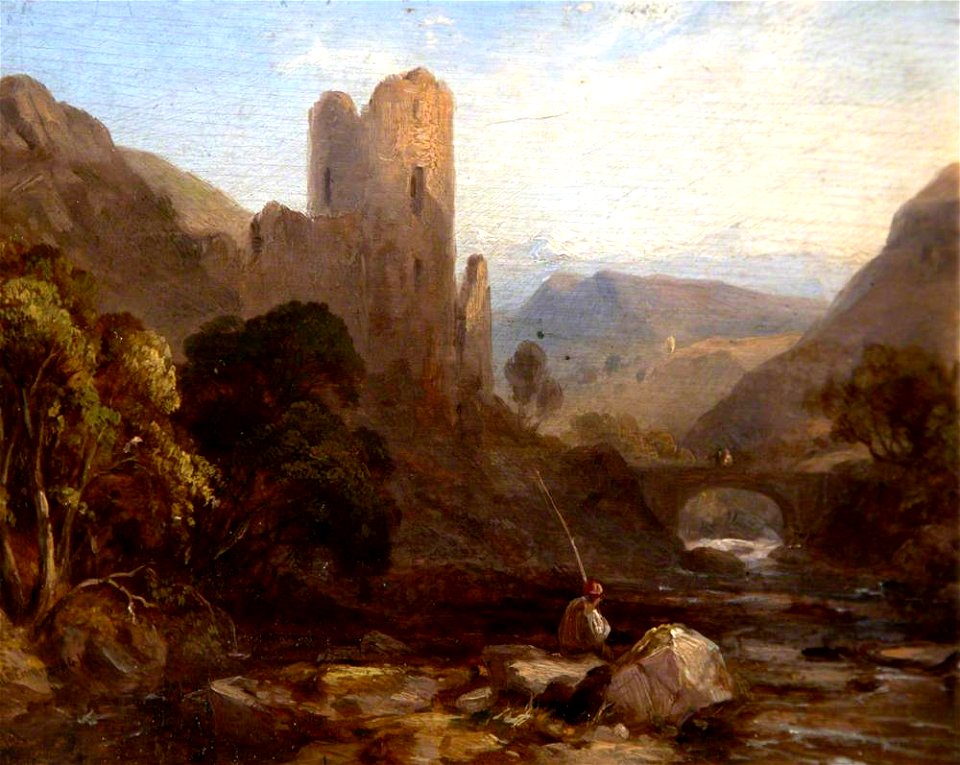 John Sell Cotman (1782-1842) - A Man Fishing in a Stream by a Ruined Castle - 119686 - National Trust