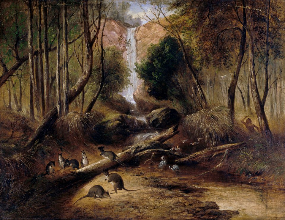 John Skinner Prout - (Bush landscape with waterfall and an aborigine stalking native animals, New South Wales) - Google Art ProjectFXD