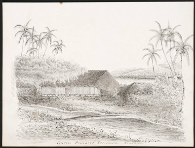 John Speer, Queen Pomare's residence, Raiatea, November 1845. Free illustration for personal and commercial use.