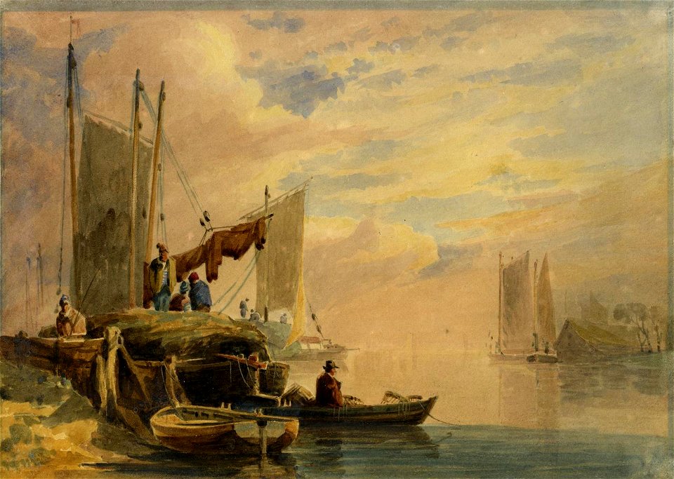John Thirtle - River Scene with laden Wherries and Figures