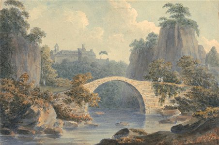 John Warwick Smith - River Landscape with a Single Arched Bridge - Google Art Project. Free illustration for personal and commercial use.