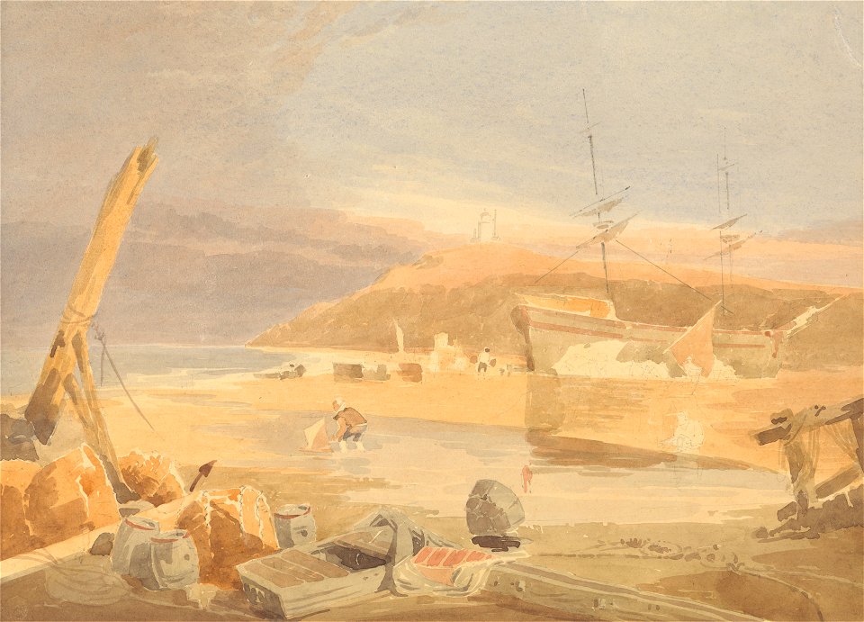 John Thirtle - Shore Scene with Sailing Ship at Quay