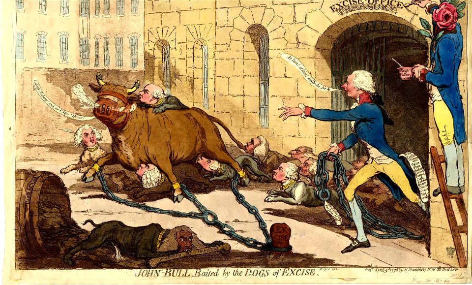 John-Bull, baited by the dogs of excise. (BM 1851,0901.482)