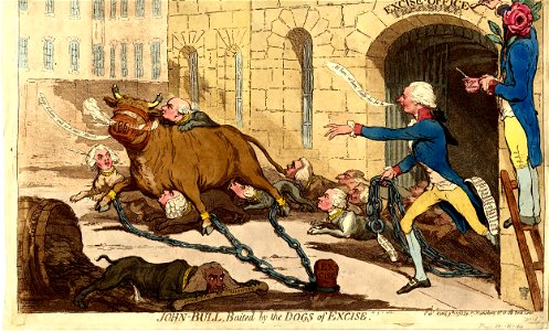 John-Bull, baited by the dogs of excise. (BM 1851,0901.482)