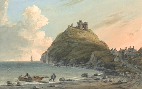 John Warwick Smith - Ruins of Cricceith Castle and Part of the Town on the Bay on Cardigan. East View, Carnarvonshire. - Google Art Project. Free illustration for personal and commercial use.