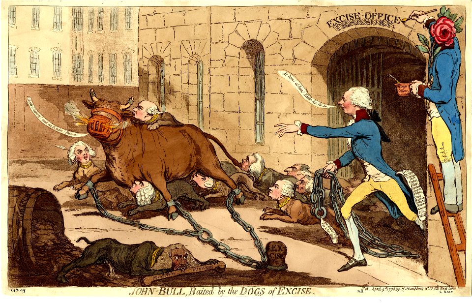 John-Bull, baited by the dogs of excise. (BM 1868,0808.5926)