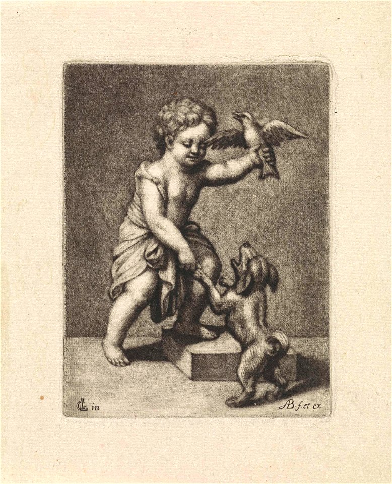 Jongen met een hond en een vogel