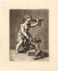 Jongen met een hond en een vogel